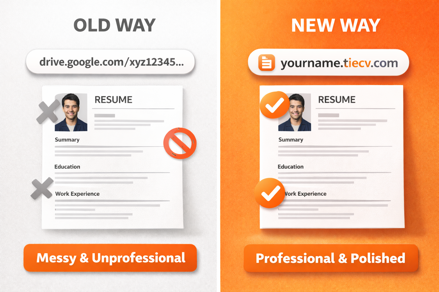 TieCV personal resume page vs a messy Google Drive link — side by side comparison